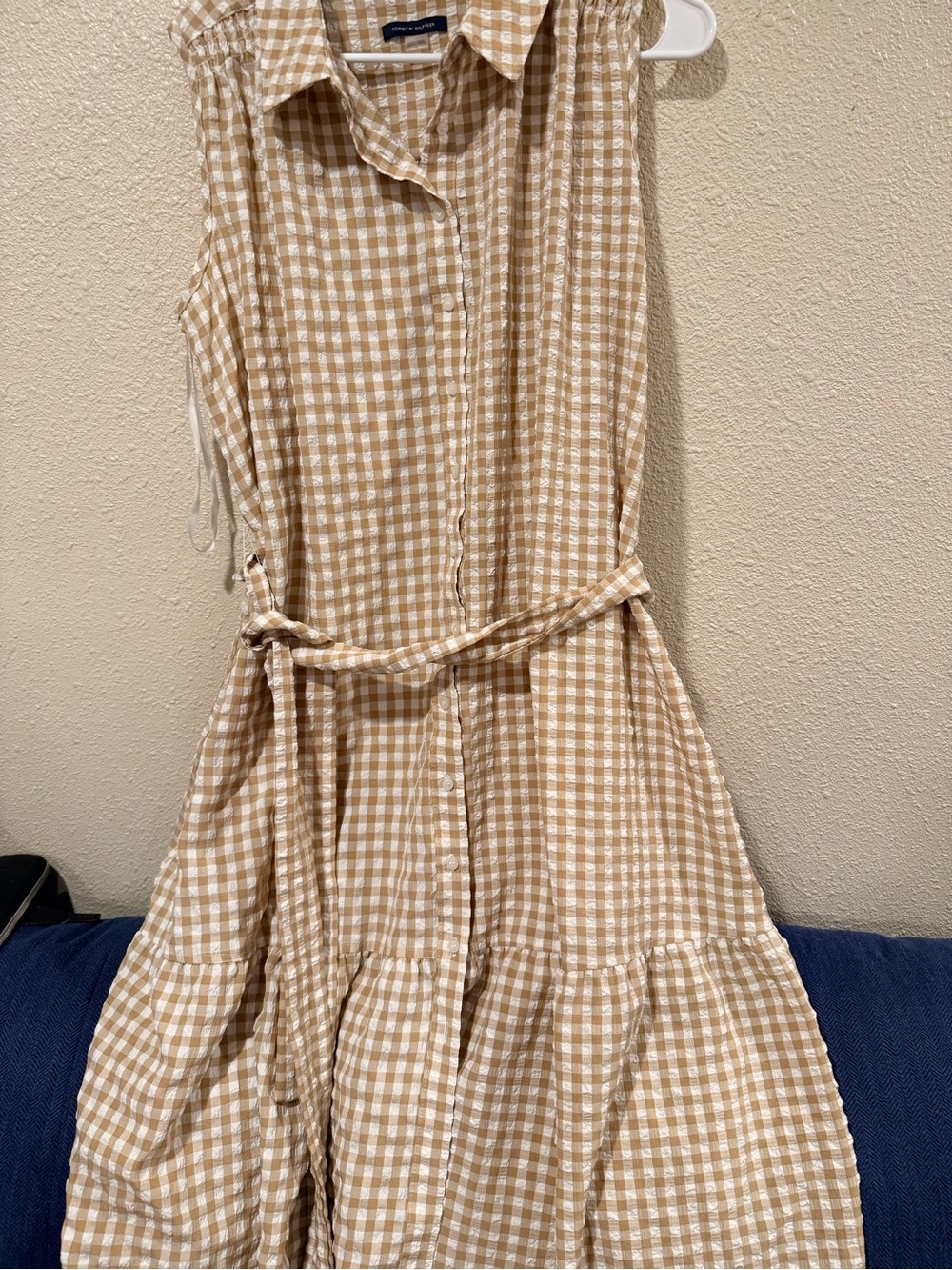 Tommy Hilfiger Beige and White Gingham Shirt Dress with Tie Waist